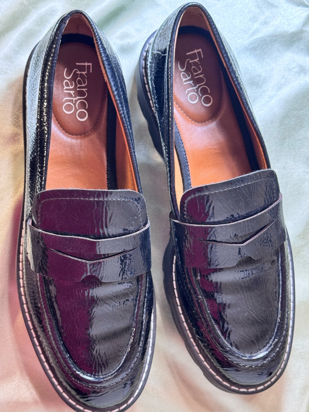 Franco Sarto Slip-on Black Patent Vegan Leather Penny Loafer Shoes size 7.5 NWOT